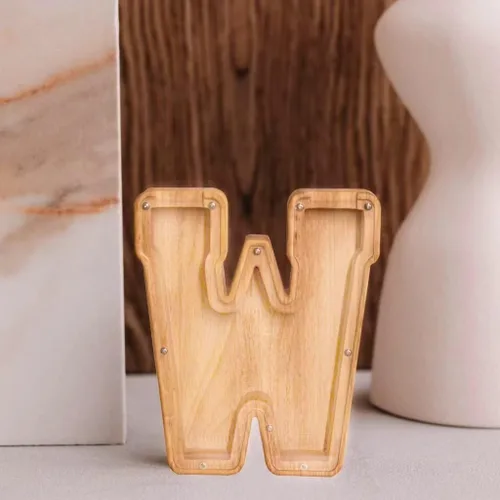 Vista 6 de Alcancía de 26 letras del alfabeto inglés A-Z, alcancía de madera transparente de gran capacidad, caja de ahorro de monedas personalizada
