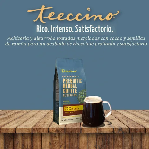 Vista 5 de Teeccino Chocolate Oscuro Prebiótico SuperBoost™ Alternativa al Café - Apoya los Probióticos con Café Herbal Sin Cafeína que Contiene 3 Prebióticos