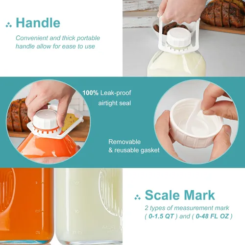 Vista 5 de Paquete de 2 botellas de leche de vidrio resistente de 64 onzas con 1 boquilla de silicona y 3 tapas de rosca herméticas reutilizables, botella