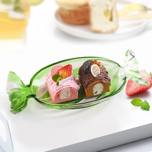 Vista 7 de Bandeja de cristal para dulces, platos de frutas de mesa, plato de postre para pastel, decoración de Navidad, decoración navideña, verde