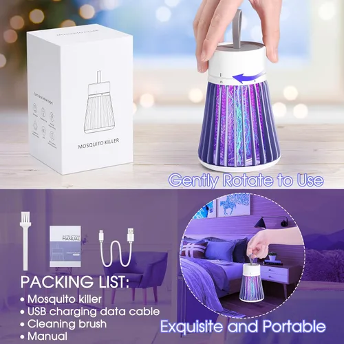 Vista 8 de Exterminador de mosquitos, recargable con rejilla de seguridad para el hogar y campamento, diseño inalámbrico de carga USB, mata insectos con luz