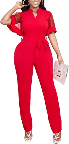 Vista 2 de Oxgmoky Overol elegante de negocios con cuello en V y cremallera de manga larga sexy con tirantes rectos, pantalones largos con bolsillos