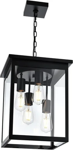 Vista 11 de TODOLUZ Lámpara colgante grande de 3 luces para exteriores, iluminación de porche colgante exterior con vidrio martillado, cadena larga ajustable