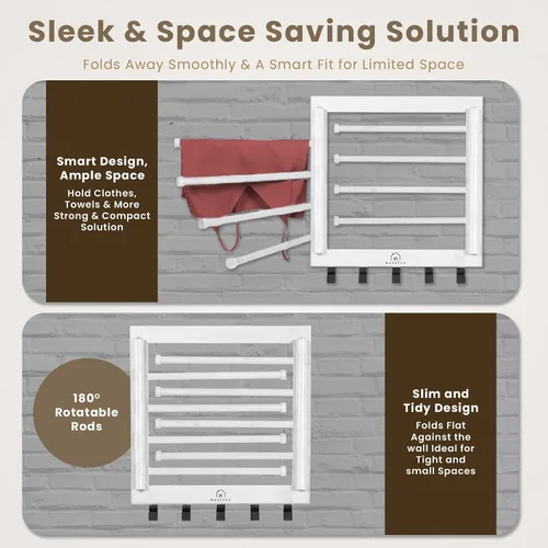 Vista 3 de Estante de Secado de Bambú para Montaje en Pared para Lavandería – Secadora de Ropa Plegable Colapsible con 8 Brazos y 5 Ganchos, Colgador Secador