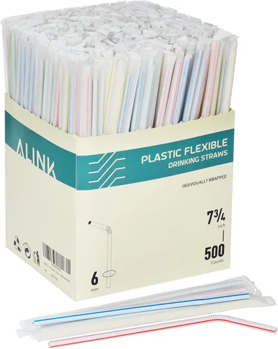 Vista 9 de ALINK Paquete de 100 pajitas flexibles a rayas, pajitas flexibles desechables de plástico, 7.75 x 0.23 pulgadas