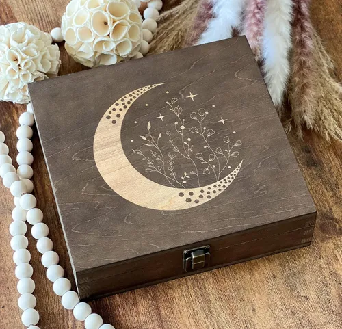 Vista 2 de Caja de luna caja de madera, caja de regalo de cristal, caja de regalo de tarot, caja de regalo de astrología misteriosa, caja de sol y luna, caja