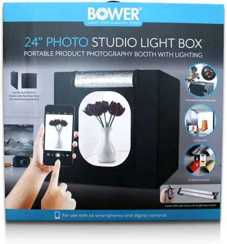 Vista 2 de Bower Caja de luz portátil de estudio de 24 pulgadas para teléfonos inteligentes, réflex digitales y cámaras compactas, diseño plegable