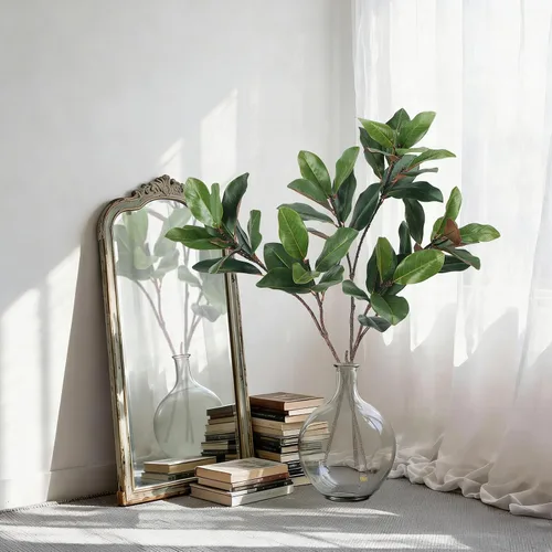 Vista 4 de 3 ramas de magnolia sintética de 32 pulgadas con 17 hojas de vegetación artificial, tallos largos, hojas de plátano falsas realistas, plantas
