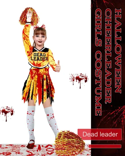 Vista 4 de Toulite Disfraz de animadora zombi de Halloween para niñas, disfraz de Halloween sin animadoras, calcetines, guantes, pompones, lazo, cosplay