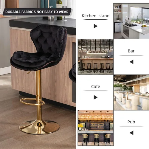 Vista 8 de Taburete de bar moderno giratorio de altura de pub, silla de comedor alta con asiento de terciopelo, respaldo, taburete hidráulico sin brazos, Negro