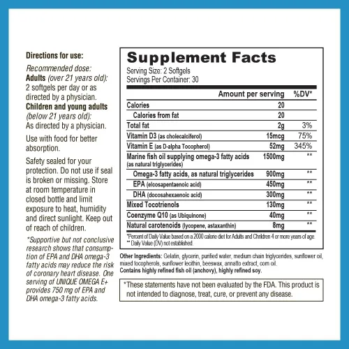 Vista 6 de UNIQUE E A.C. Grace Company Omega E+ - Suplemento de aceite de pescado - con ácidos grasos omega-3 marinos, vitamina E, vitamina D3 y CoQ10 - Ayuda