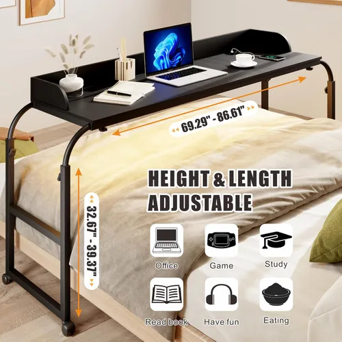 Vista 5 de HWB Mesa sobre cama con luces LED de sensor automático, mesa sobre cama con ruedas de altura ajustable con estación de carga, mesa auxiliar, mesa