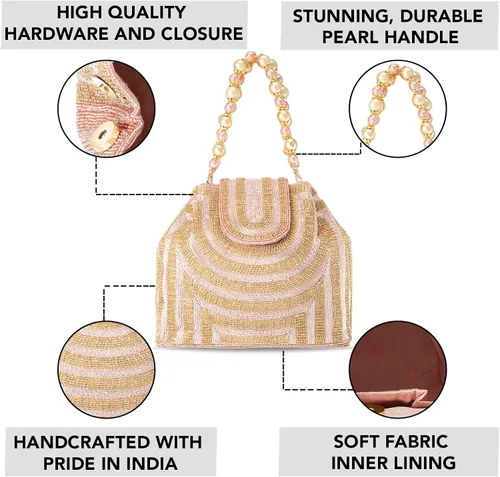 Vista 3 de Aheli Potli - Bolsas de noche para mujer, bolso de mano étnico para novia con cordón (P59C), Oro Rosa