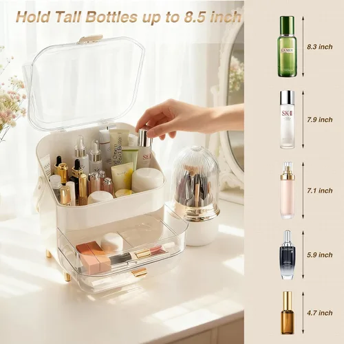 Vista 5 de Juego organizador de cosméticos - Caja de maquillaje con soporte para brochas, organizador de almacenamiento para el cuidado de la piel con cajones