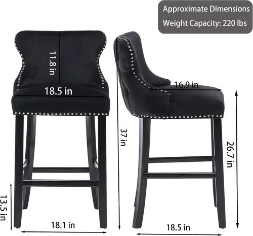 Vista 3 de Taburetes de bar tapizados de terciopelo modernos de 27 pulgadas con patas de madera, botón acolchonado, cabeza de clavo cromada, taburetes de bar