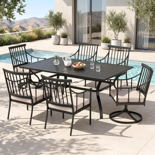 Vista 25 de PHI VILLA Juego de mesa de comedor para patio de 7 piezas con cojín para 6, mesa grande rectangular de metal para exteriores con orificio para Silla
