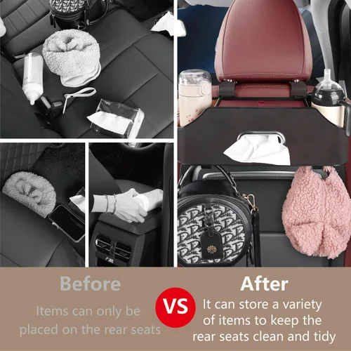Vista 4 de Organizador de asiento trasero de automóvil con 2 portavasos para bebidas, soporte para pañuelos, ganchos para asiento de automóvil