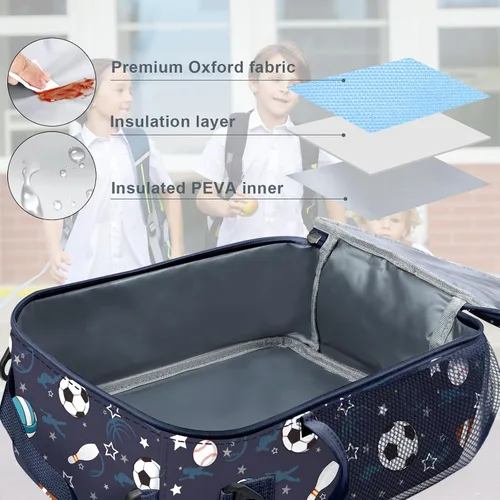 Vista 5 de Bolsa de almuerzo térmica aislada para niños Clastyle Sport Ball, grande, azul, con enfriador térmico, para niños, para picnic, escuela, canasta