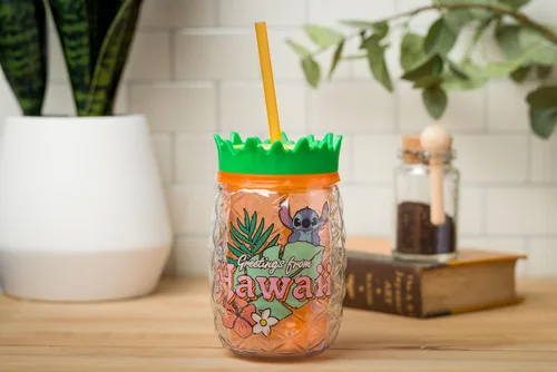 Vista 9 de Silver Buffalo Disney Lilo y Stitch Saludos desde Hawái con Scrump, Vaso de doble pared con forma de piña, 473 ml (16 oz)