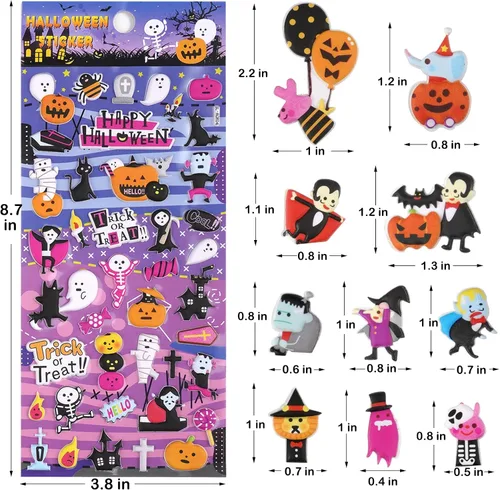 Vista 2 de Calcomanías de Halloween hinchadas para niños pequeños, hojas de calcomanías de espuma 3D autoadhesivas, pequeñas mini calcomanías de Halloween