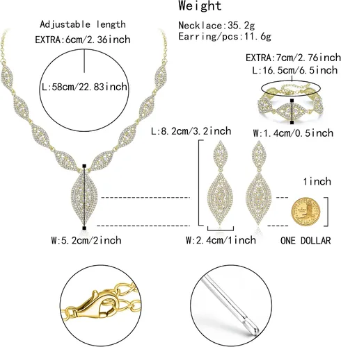 Vista 5 de Flyonce Juego de joyas de boda con diamantes de imitación de cristal nupcial y collar de hojas colgantes para mujer
