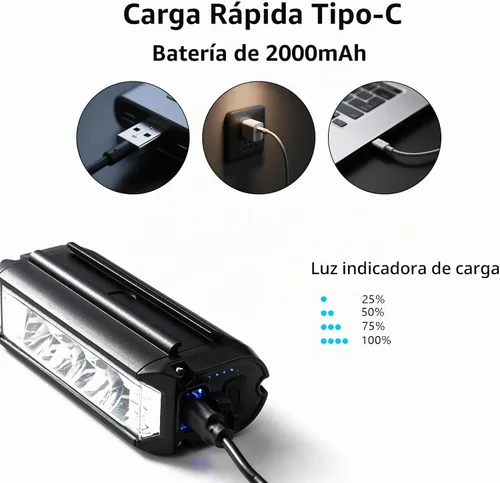 Vista 3 de Barra de luz para bicicleta eléctrica, batería recargable de luz frontal súper brillante, IPX5 impermeable, 5 modos de faros de bicicleta