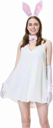Vista 8 de Conjunto de disfraz de conejo con diadema de orejas de conejo, corbatín, cuello, puños y cola, conjunto de accesorios de conejo de Halloween