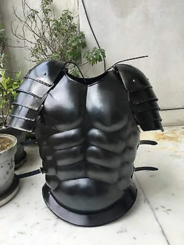 Vista 2 de Nautical-Mart Chaqueta de armadura muscular romana negra, disfraz medieval de espartano griego con reproducción de hombro, réplica de regalo