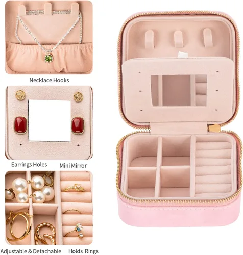Vista 5 de Smileshe Joyero de terciopelo para mujeres y niñas, pequeño organizador de viaje con espejo, mini estuche de regalo portátil, cajas