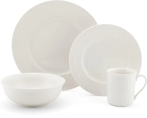 Vista 2 de Mikasa Italian Countryside - Juego de vajilla de 16 piezas, porcelana blanca clásica con bandas acanaladas, servicio para 4 platos llanos, platos