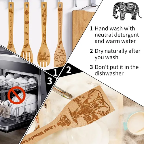 Vista 7 de Regalos de elefante para mujer, 6 cucharas de bambú de madera con soporte para utensilios para decoración del hogar, accesorios temáticos