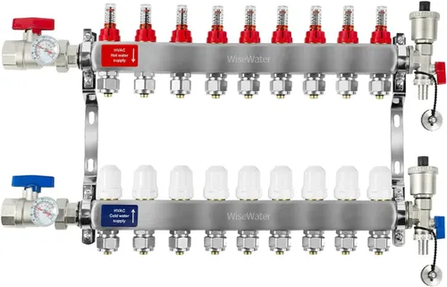 Vista 10 de AB Colector PEX de 2 bucles/radiante, salidas compatibles de 1/2 pulgada, válvula de flujo de hasta 1.4 GPM para calefacción radiante hidrónica