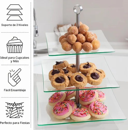 Vista 6 de Chef Buddy soporte cuadrado de vidrio para buffet y postre de 3 niveles.