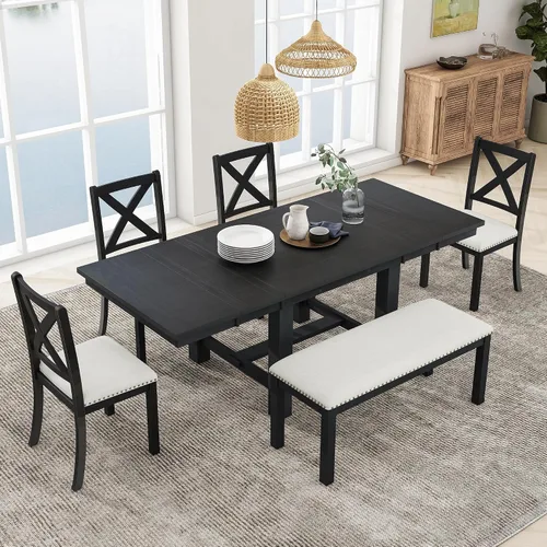 Vista 9 de RuiSiSi 6 Piece Solid Wood Dining Table Set, Farmhouse Extendable Kitchen Table with a Bench and 4 Padded Chairs, 4-6 Dining Table Set with Bench