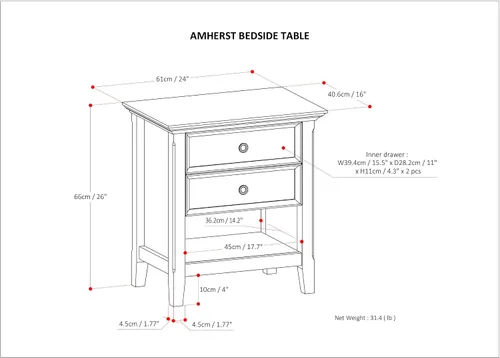 Vista 3 de SIMPLIHOME Amherst Mesita de noche tradicional de madera maciza de 24 pulgadas de ancho, color negro, para sala de estar y dormitorio