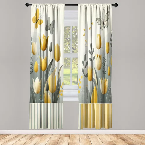 Vista 2 de Ambesonne - Cortinas amarillas para ventana, arte moderno escandinavo de escena de jardín con flores de tulipán y mariposas bailando, juego de 2