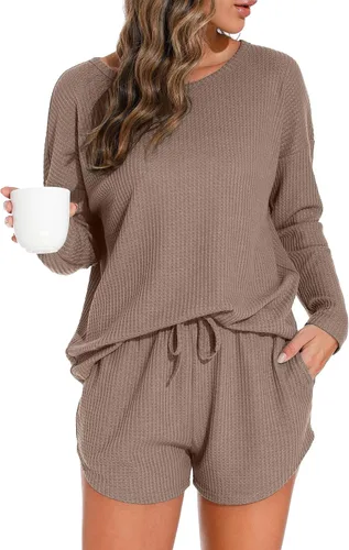 Vista 14 de PrinStory Conjunto de pijama para mujer, de punto gofre, tallas S-4XL Negro