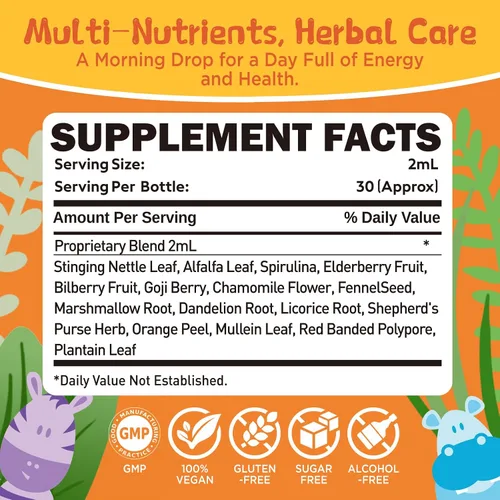 Vista 2 de Natural Kids Herbal Morning Drops – Verdes líquidos diarios + mezcla de superalimentos antioxidantes con saúco, espirulina, goji y arándano, suave