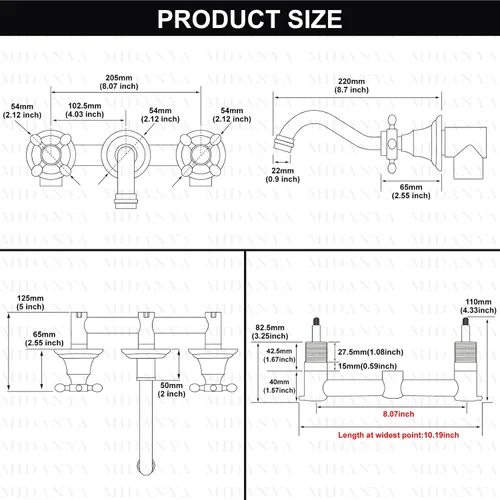 Vista 6 de Midanya Grifo de fregadero de baño extendido para montaje en pared, 3 agujeros, 2 pomos cruzados, latón lavabo mezclador, boquilla mezcladora, doble
