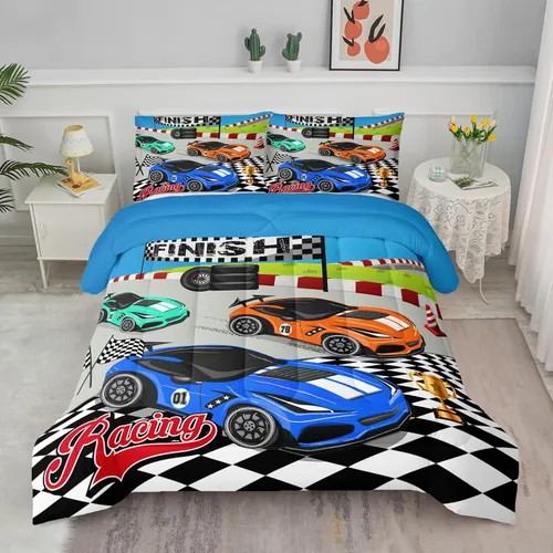 Vista 28 de Juego de edredón para niños Axolotl, tamaño individual, juego de ropa de cama con diseño de autos de carreras para niños, niñas, adolescentes