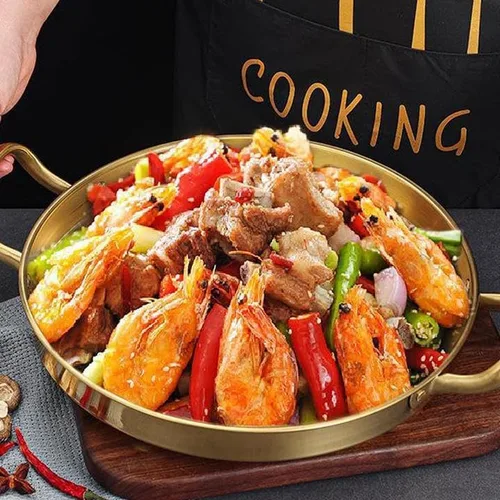 Vista 3 de Paella de acero inoxidable dorado, olla de arroz de mariscos españoles con asas dobles, sartén para plancha, olla de cocina casera, olla de picnic