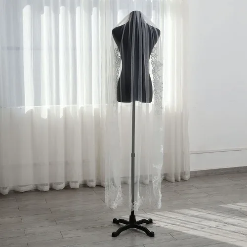 Vista 6 de Latious Velos de novia de encaje blanco de 1 nivel, velo de novia floral, velos largos de tul con peine, velos catedrales para novias y mujeres