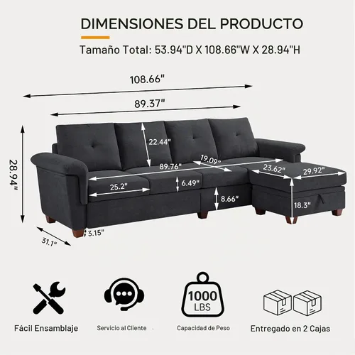 Vista 2 de Sofá Seccional Convertible, Sofá en Forma de L de 4 Asientos con Almacenamiento, Respaldo Alto y Portavasos, Sofás Modernos de Tela de Microfibra