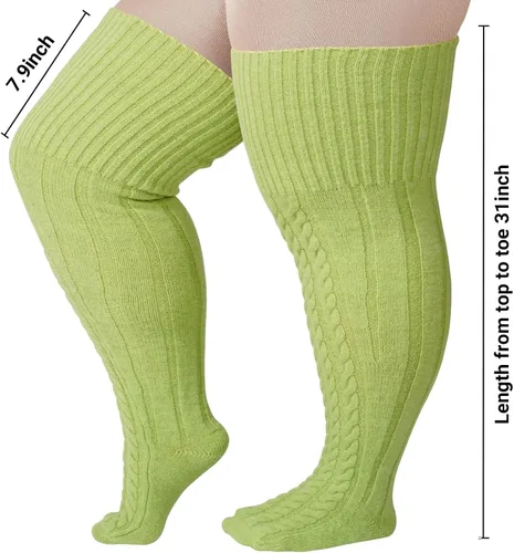 Vista 3 de Calcetines altos de lana de talla grande para muslos gruesos, extra largos para mujer, de punto trenzado cálido sobre la rodilla, calentadores