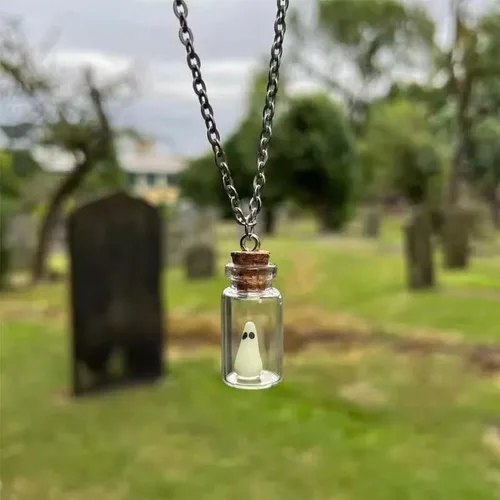 Vista 3 de Aretes de fantasma, collar de fantasma, aretes de fantasma en una botella, collar adopta un fantasma en frasco, joyería fantasma que brilla