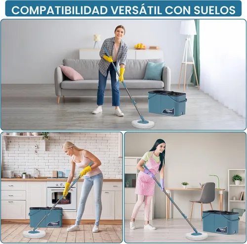 Vista 6 de Gen 1 Juego de fregona giratoria y cubeta de gran capacidad – para casas grandes y días de limpieza profunda, sistema de 4 cámaras que separa