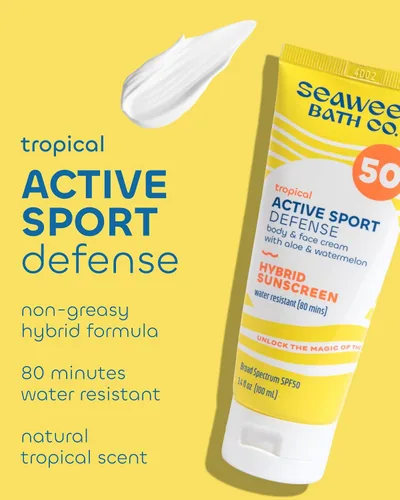 Vista 2 de Seaweed Bath Co Sport Protector solar SPF 50, 3.4 FZ Broad Spectrum Hybrid Sunscreen with Zinc Oxide, Aloe & Watermelon, Water Resistant Face and