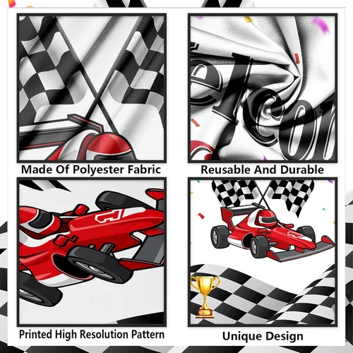 Vista 3 de Decoración temática de bienvenida para fanáticos de carreras de coches de carreras de cumpleaños para cabina de fotos, telón de fondo, trofeo