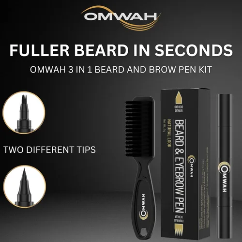 Vista 2 de OMWAH Relleno de lápiz para barba y cejas para hombre, resistente al agua, cepillo para barba, acabado natural de larga duración (marrón oscuro)