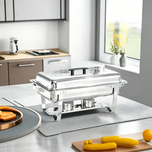 Vista 3 de Recipientes Calentadores para Buffet Paquete de 4, Juego de Recipientes Calentadores de Buffet de Acero Inoxidable de 9 Cuartos con Marco Plegable